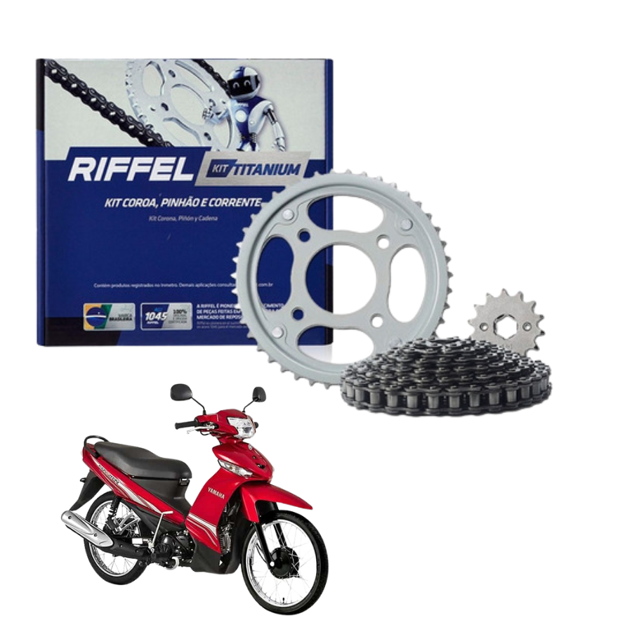 Kit Relação Tração Transmissão Yamaha Crypton 115 2010 2011 2012 2013 2014 2015 2016 Original Riffel Aço 1045