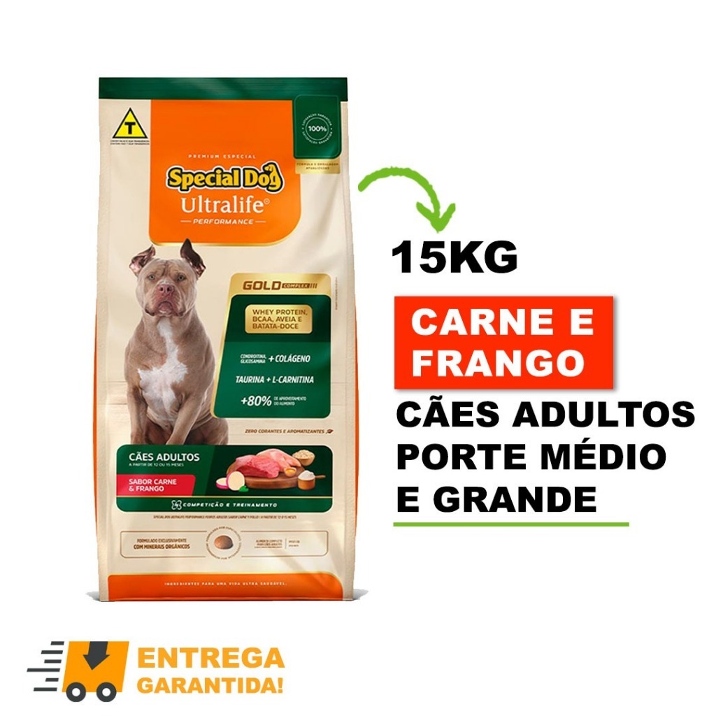 racao special dog gold perfomance caes adultos sabor carne e frango batata doce 15kg com whey protei