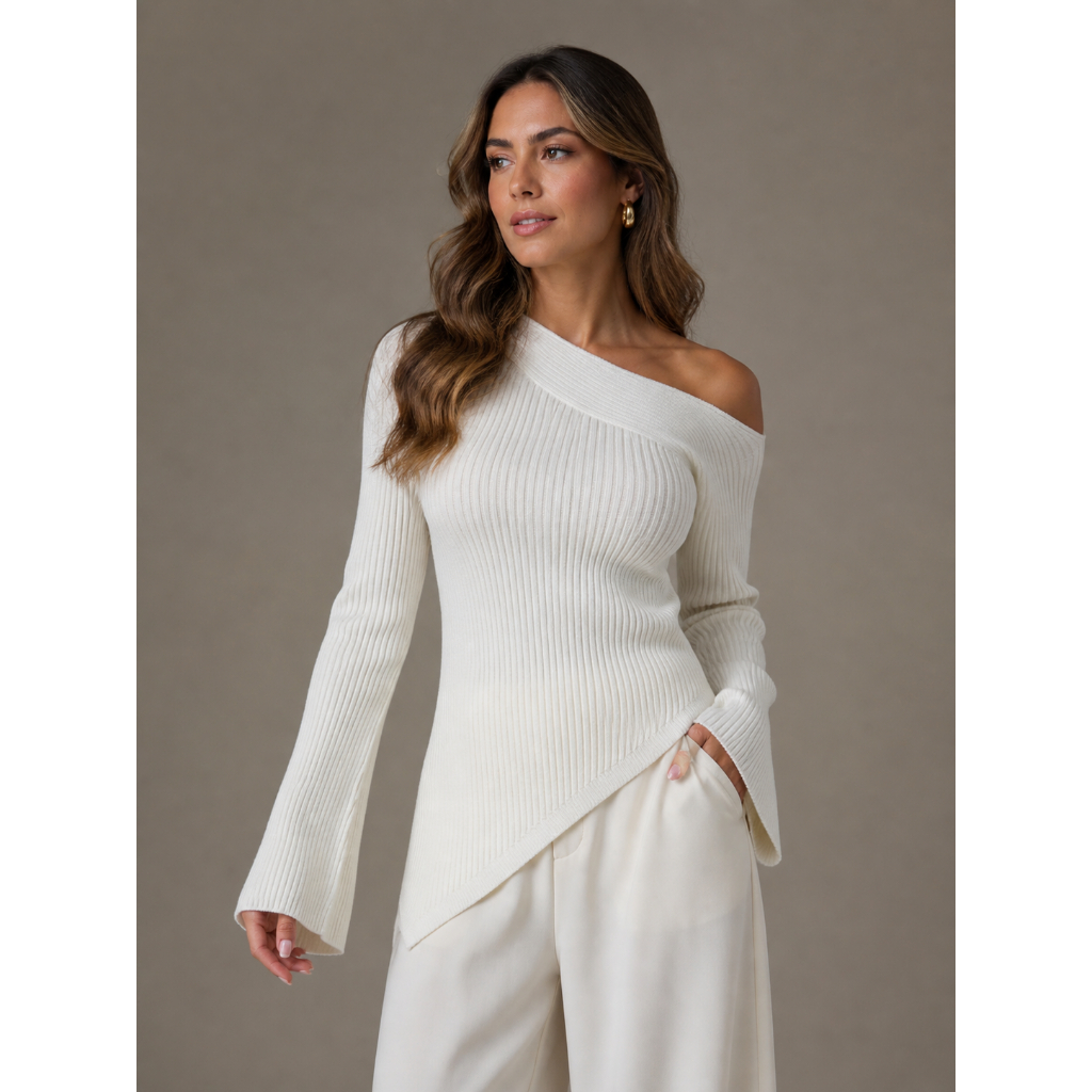 Blusa Canelada Assimétrica Um Ombro Só Feminina Manga Longa Tricot Modal
