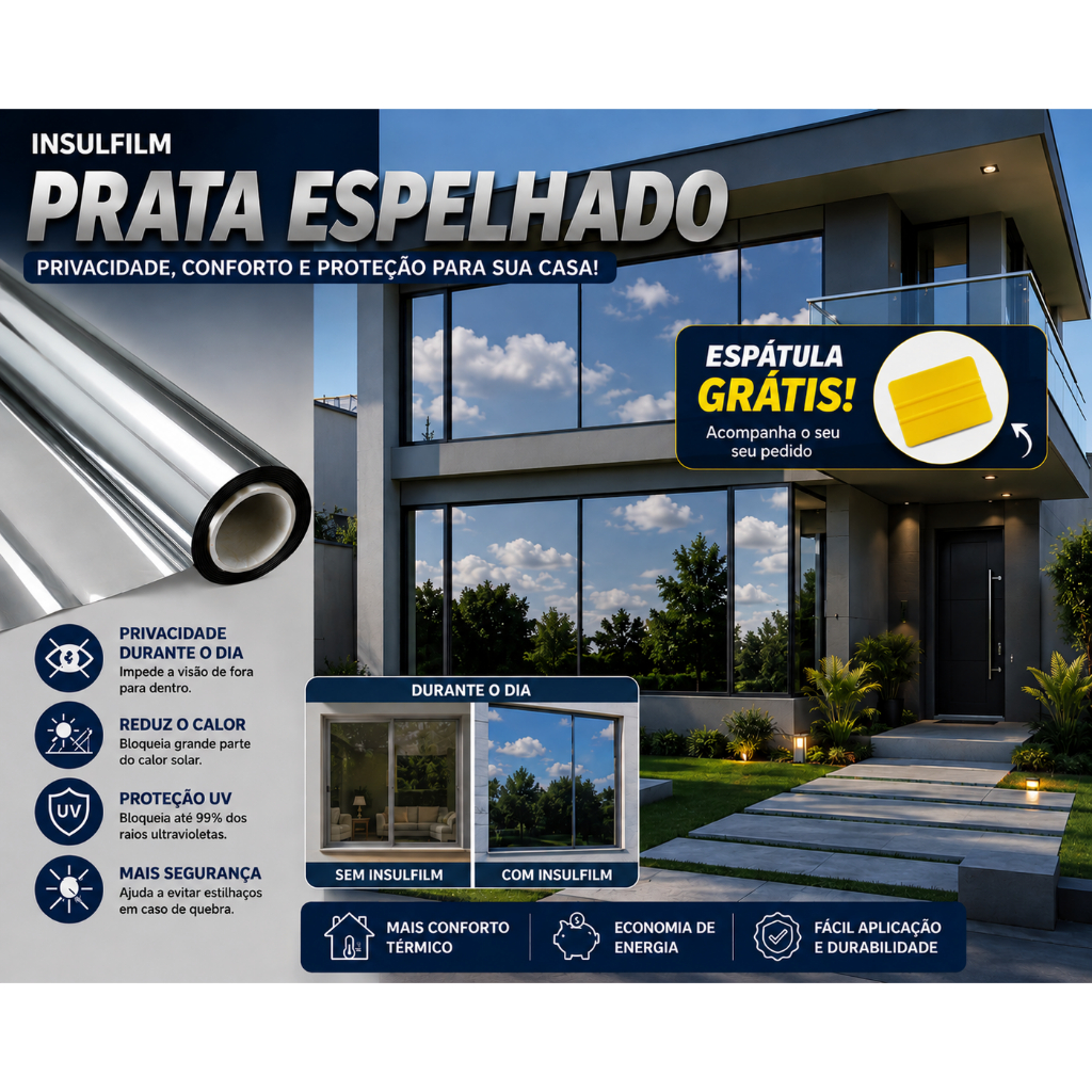 Película  Insulfilm Prata Espelhada/Smoke G5, 1M de largura, Refletiva, Poliéster profissional