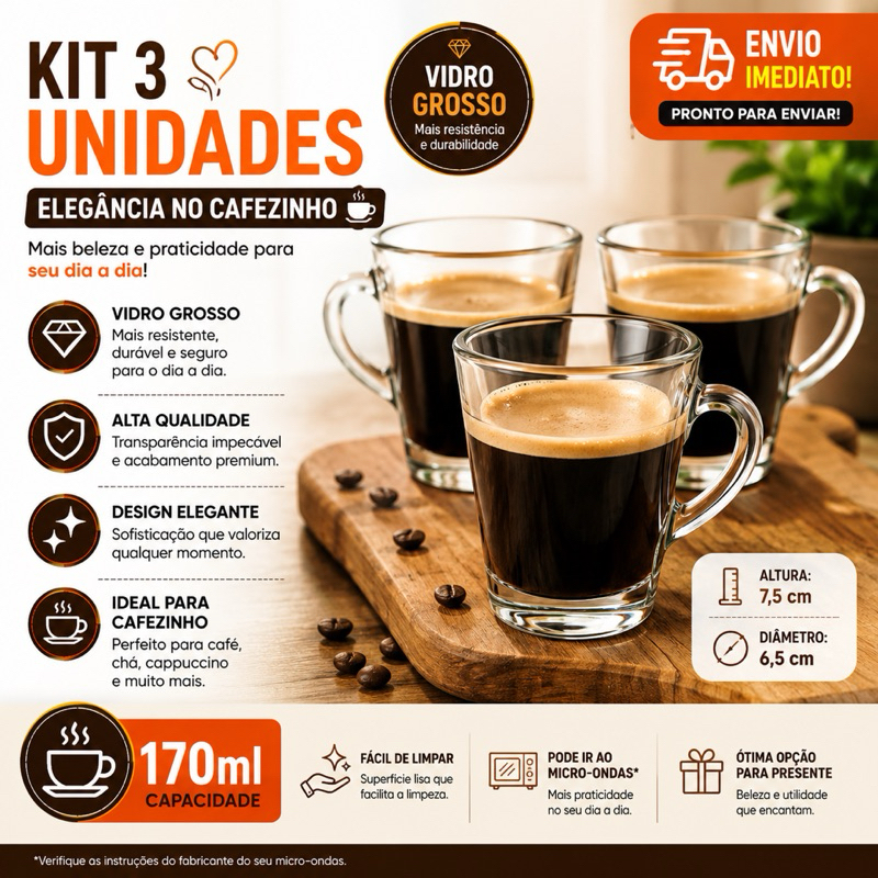 Kit Jogo 3 Xicaras/Canecas de Vidro Café e Bebidas Quentes 170ml Mesa Posta Xícara Máquina Café