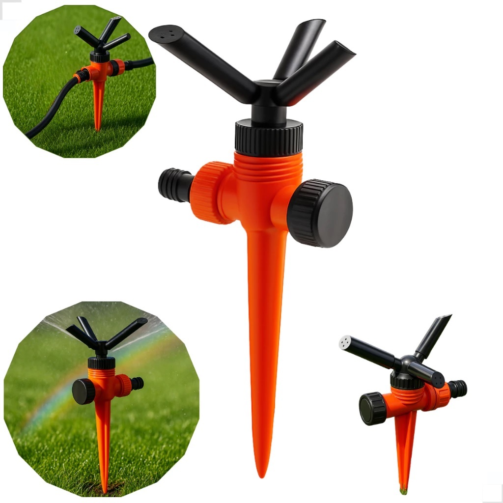 Irrigador Aspersor 3 Pontas Para Jardim 360° Espiga Laranja ForceLine