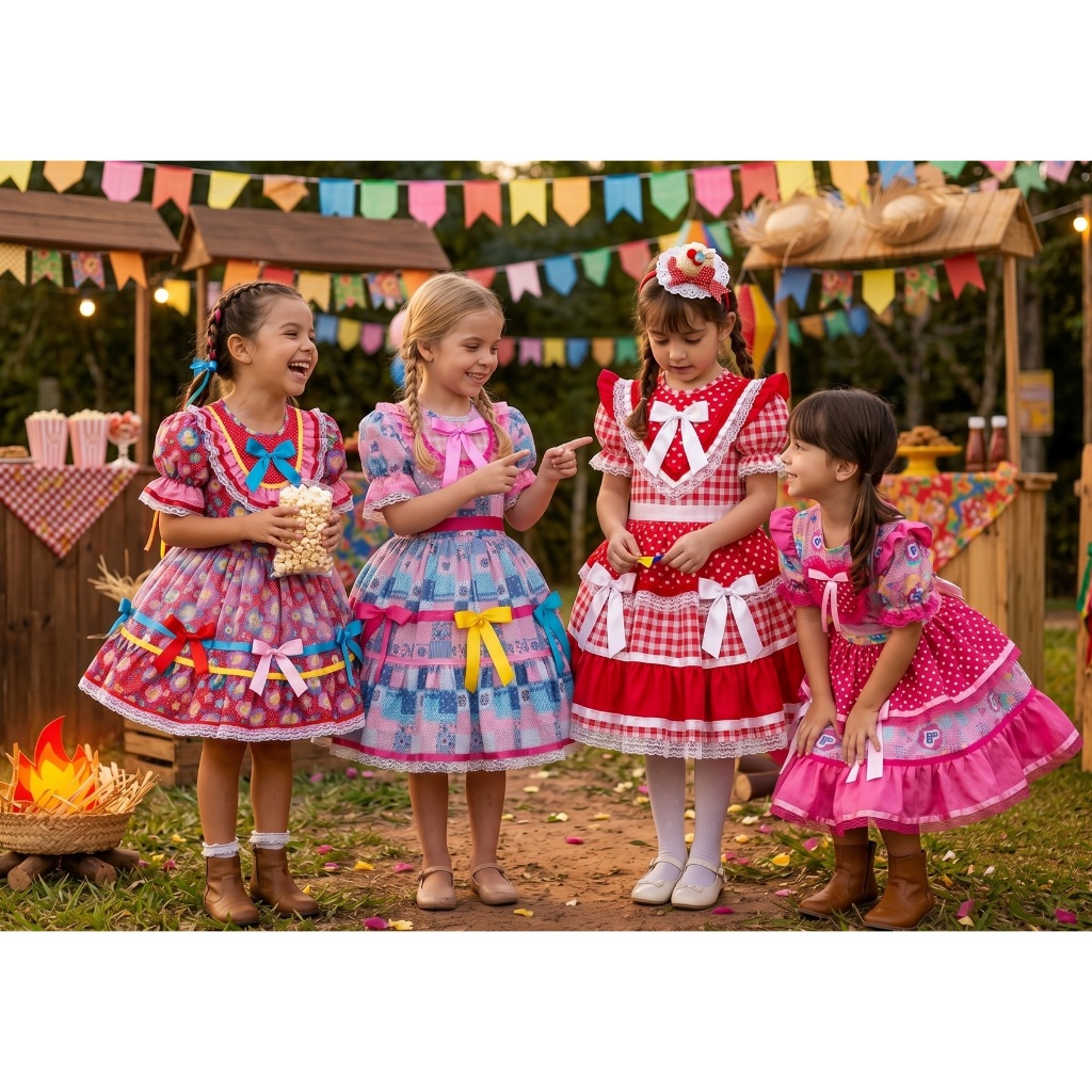 Vestido Junino Caipira Rodado Estampado Xadrez Luxo Arraiá São Jõao Quermesse Festa Escola Quadrilha