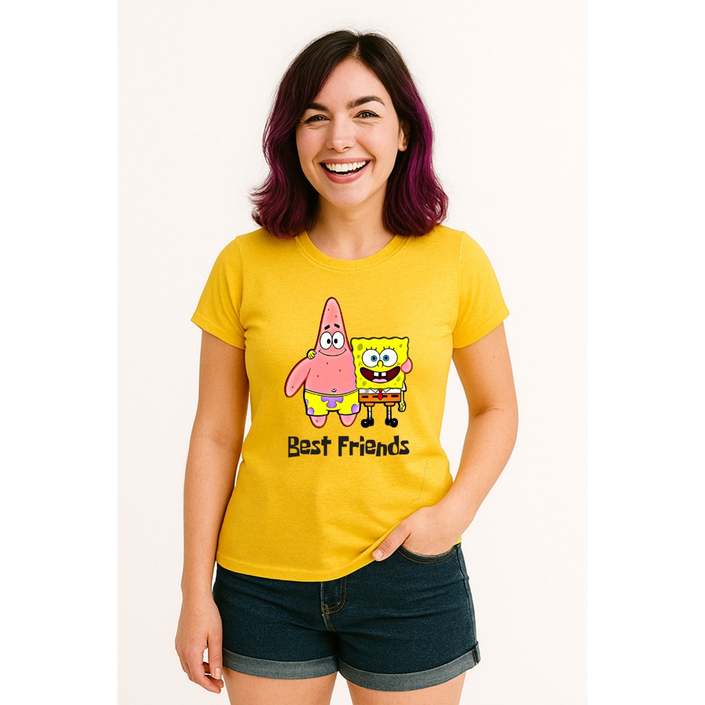 Camiseta feminina babylook algodão Best Friends Bob Esponja Patrick Cartoon