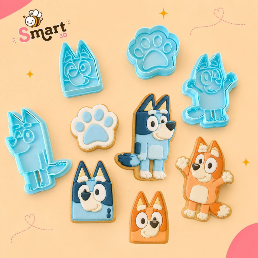 Kit 4 Cortadores e carimbos de Biscoito Bolacha Pasta Americana Cookies Bluey c/ Puxador aprox 8cm