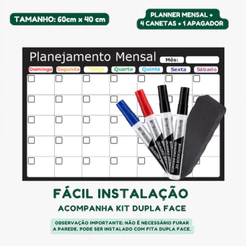 Planner Mensal 60x40cm Organizador de Rotina + 4 Canetas + Apagador + Kit Instalação Planner 2026