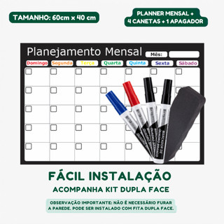 Planner Mensal 60x40cm Organizador de Rotina + 4 Canetas + Apagador + Kit Instalação Plan…