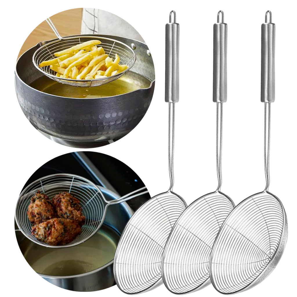 Kit Escumadeira Colher Aramada Redonda Peneira Para Fritura Aço Inox 11,5Cm Cozinha Restaurante Bar
