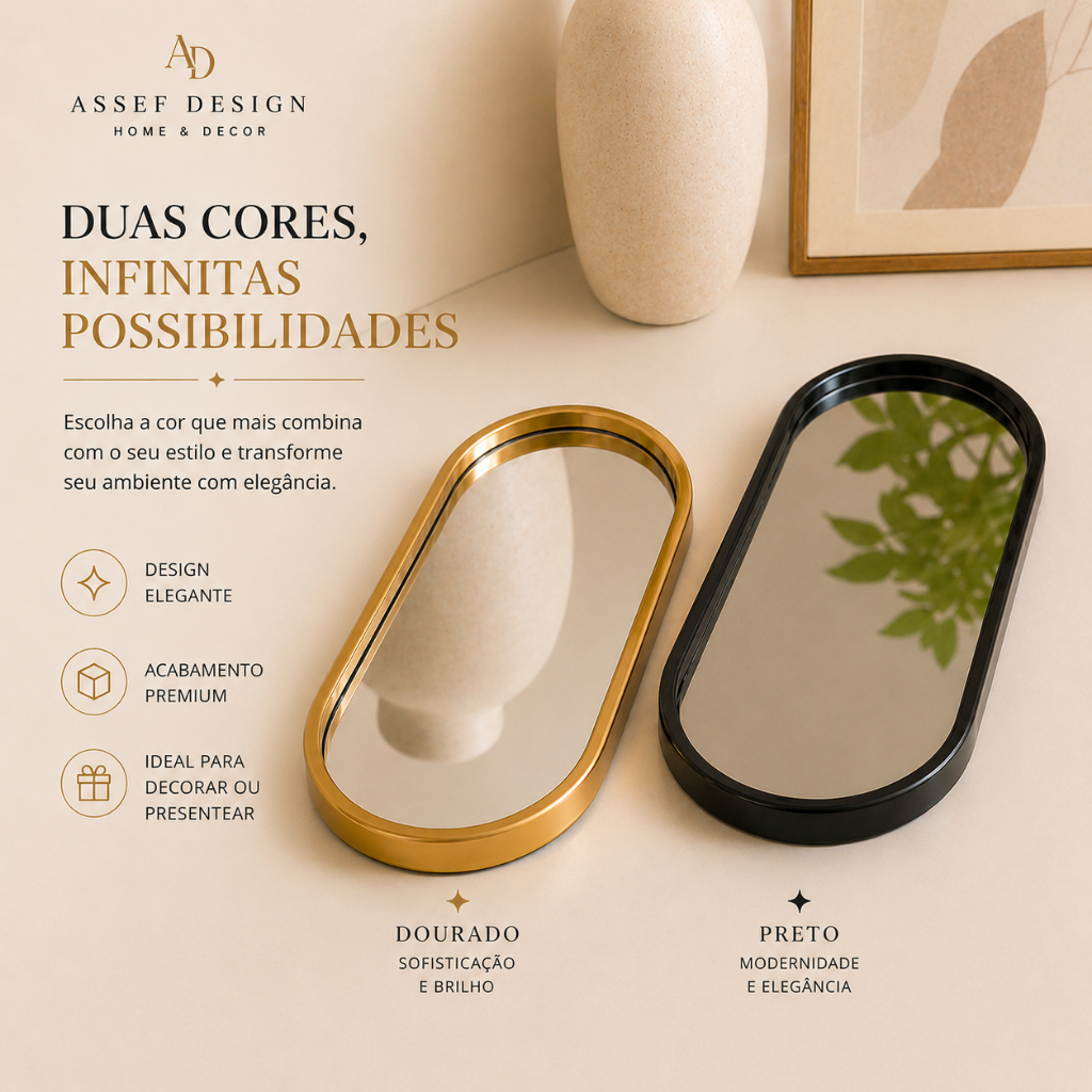Bandeja Espelhada Multiuso Oval Decoração de Vidro
