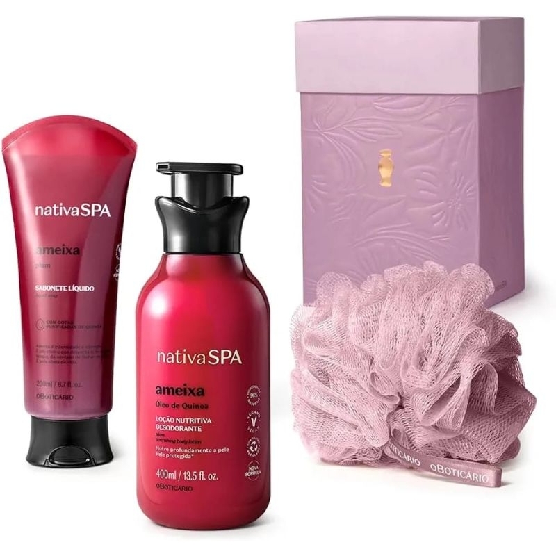 Kit Nativa Spa Ameixa: Esponja Para Banho, Sabonete Líquido 200ml e Loção 400ml