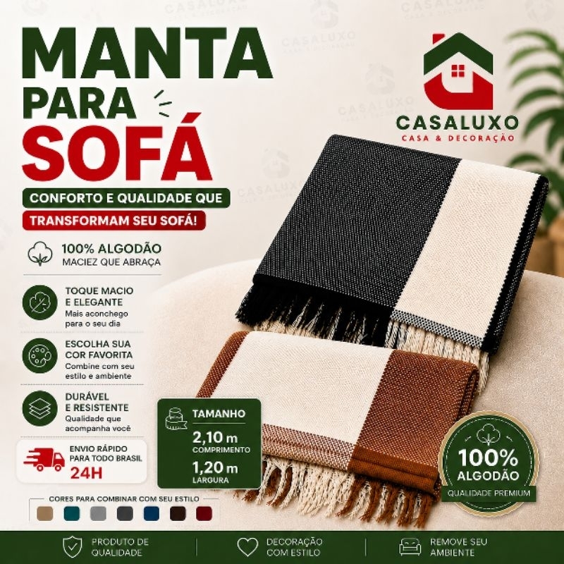 Manta Para Sofá e Cama 2,10x1,20m Luxo 100% Algodão Capa Protetora Direto Da Fábrica