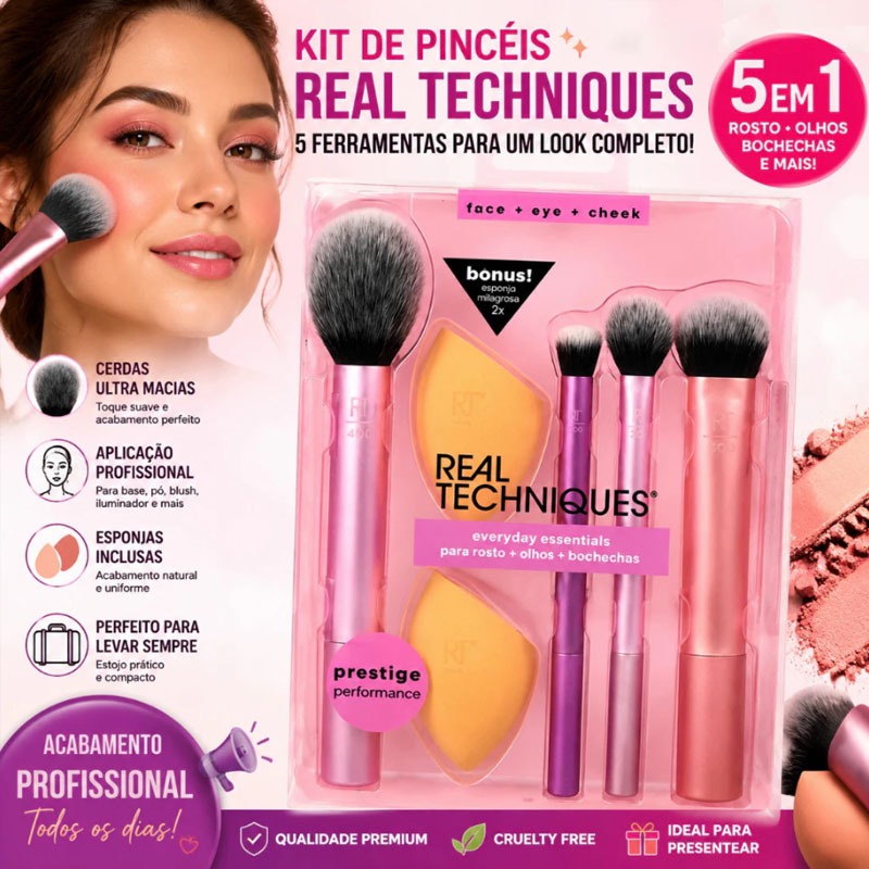 Novo Conjunto De Pincéis De Maquiagem Beleza Esponja Puff Real Techniques Makeup Brush Set 6pcs pincel não tem letra.