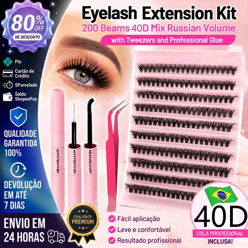 Kit Extensão de Cílios 200 Feixes 30D Mix Volume Russo com Pinça e Cola Profissional