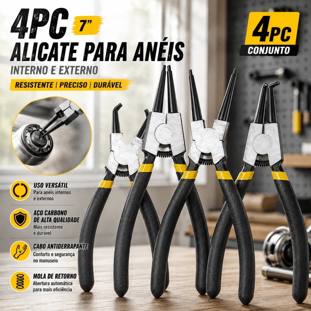 Kit 4 & 8 Jogo de Alicates 7'' Aço Cromo Vanádio p/Anéis Interno & Externo,Versátil para Reparos em Carros&Motos e DIY