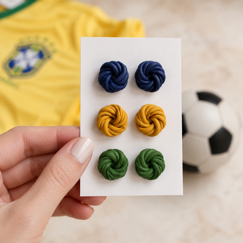 Kit 3 Brincos Brasil Nó Torcido Artesanal em Cerâmica Plástica Copa do Mundo 2026