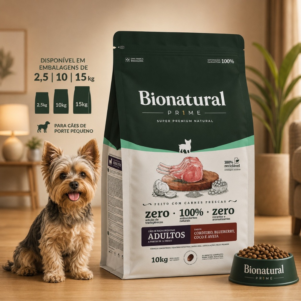 Ração bionatural Prime Cordeiro Blueberry Coco Aveia para Cães Adultos Raças Pequenas 10KG