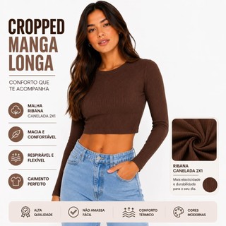 Blusa Manga Longa Canelada Feminina Cropped Algodão Premium Básica Casual Confortável Promoção