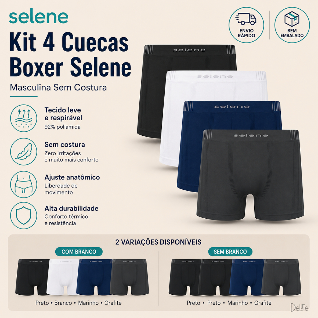 Kit 4 Cuecas Boxer Selene Masculina Sem Costura Poliamida Original Macias Confortáveis Dia a Dia