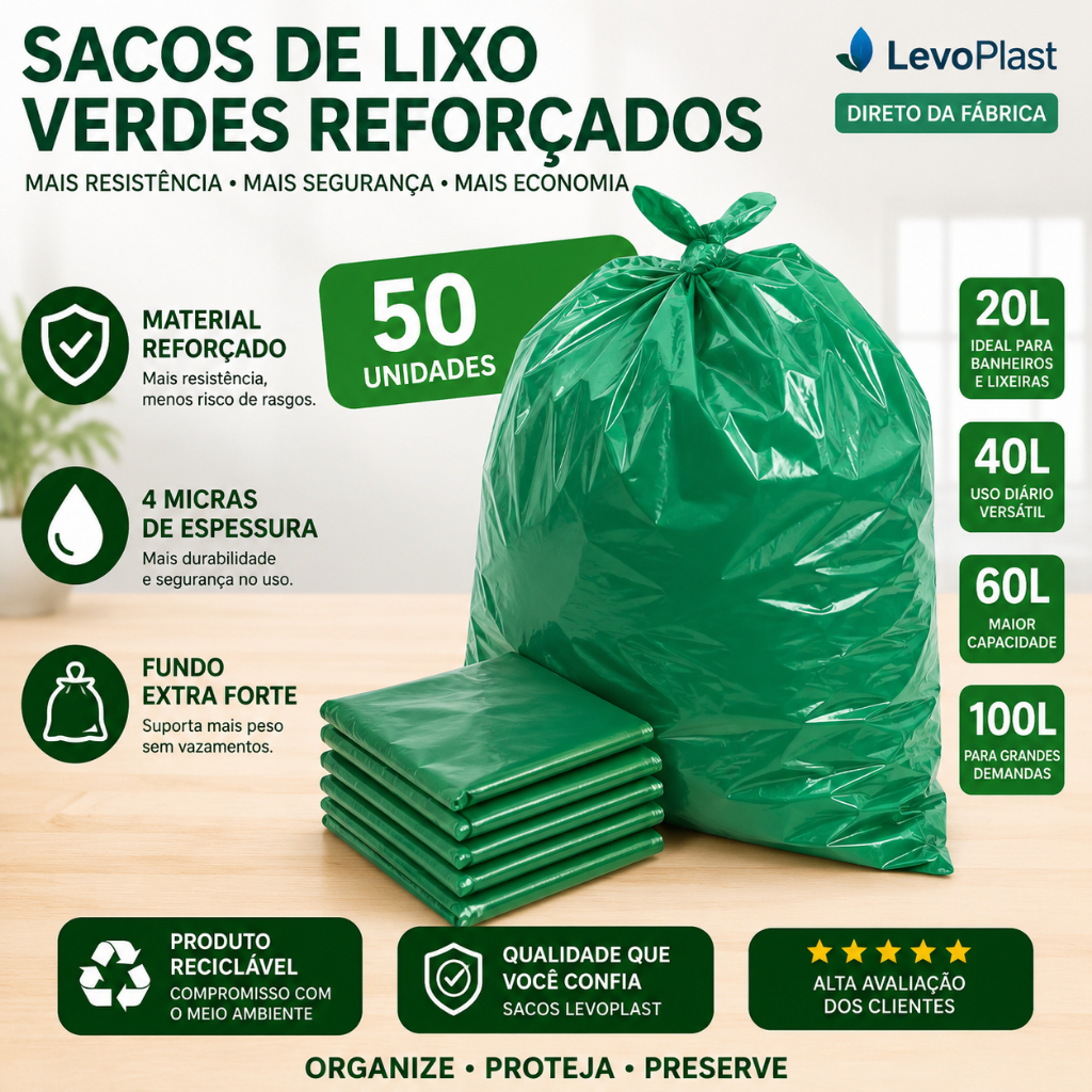 Sacos de Lixo Resistente Verde 50 Unidades 20-40-60-100 Litros (4 Micras) | LevoPlast - Direto da Fabrica