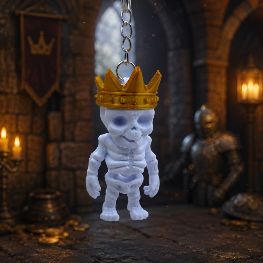 Chaveiro Caveira Rei 3D Fofo Geek Coroa Dourada Mini Decorativo