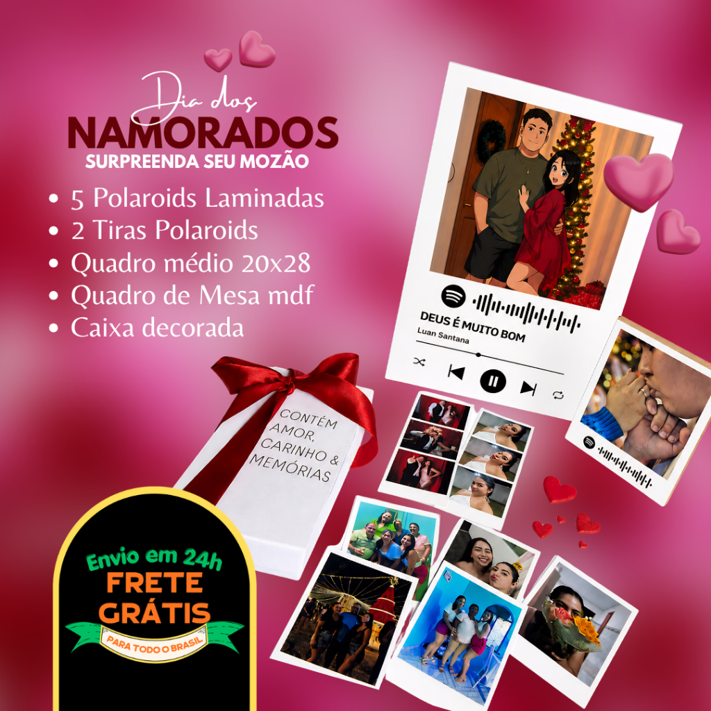 1 Quadro grande MDF 5 Polaroids 2 Tiras Polaroids 1 Quadro de Mesa MDF 1 Caixa Decorada