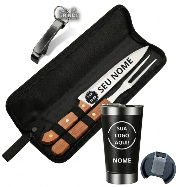 Kit Churrasco Personalizado com Faca + Garfo + Estojo Gravado Laser Nome Logo Time Presente