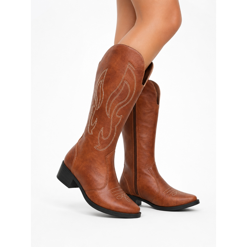 Bota Feminina Western Cano Longo Alto Texana Country Boiadeira Confortável Tendência Moda Bordado