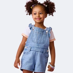 Jardineira Jeans Infantil Alça com Babado e Bolso Azul Pampili