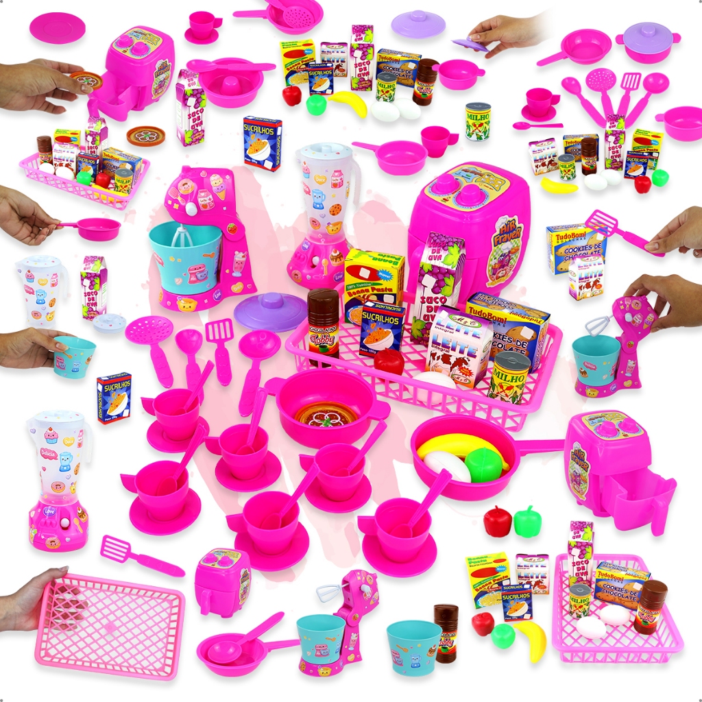 Kit Cozinha Infantil Completa 43 Peças Com Air Fryer Batedeira Liquidificador E Panelinhas