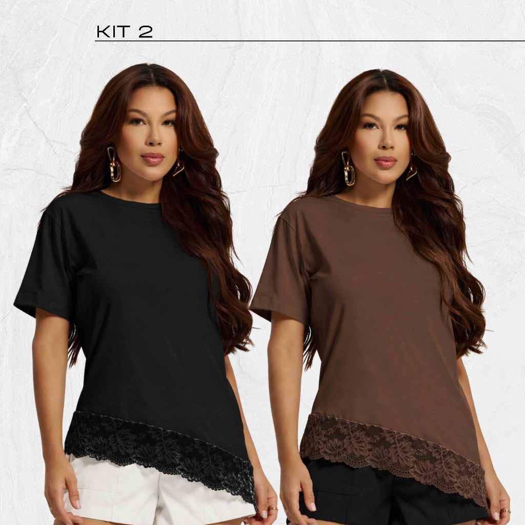 kit 2 T-Shirt Feminina Detalhe Renda Blusa Soltinha Confortável Moda Casual Chic Tendência Assimetrica Over Casual