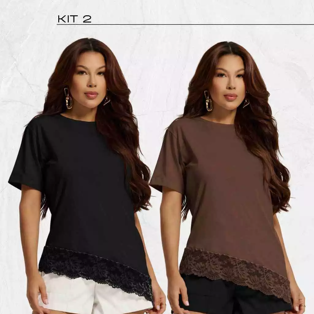 kit 2 T-Shirt Feminina Detalhe Renda Blusa Soltinha Confortável Moda Casual Chic Tendência Assimetrica Over Casual — imagem 1
