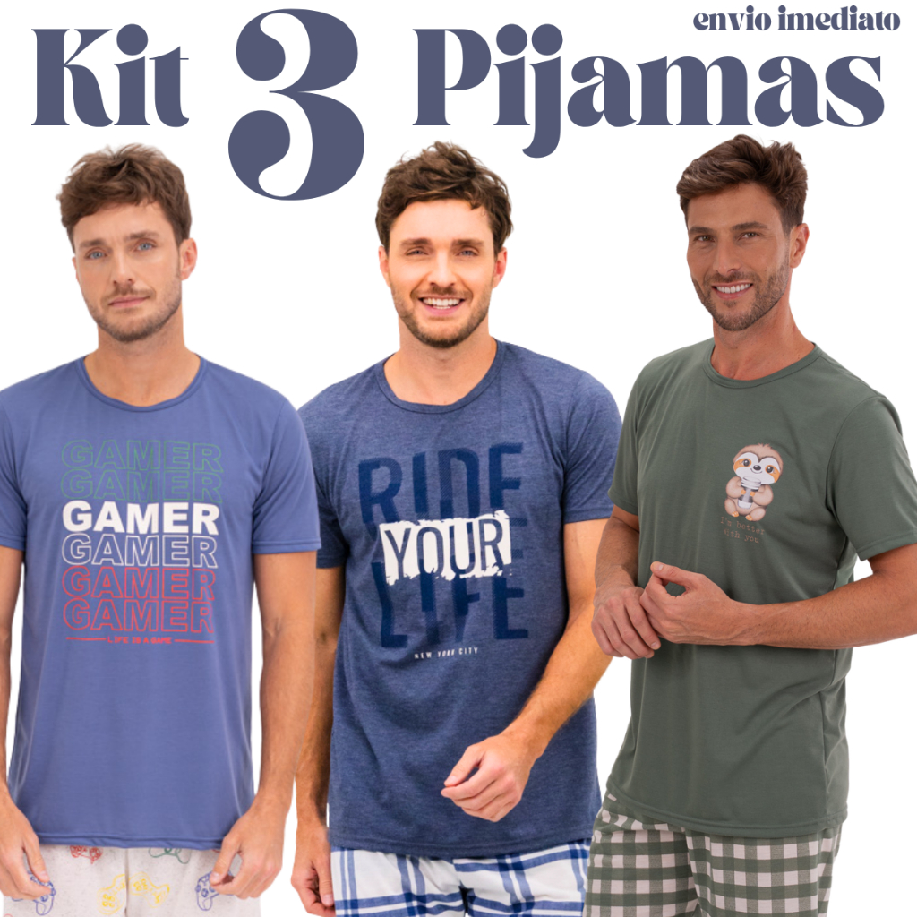 Kit 3 Pijamas Masculinos de Verão Leves Confortáveis P ao GG