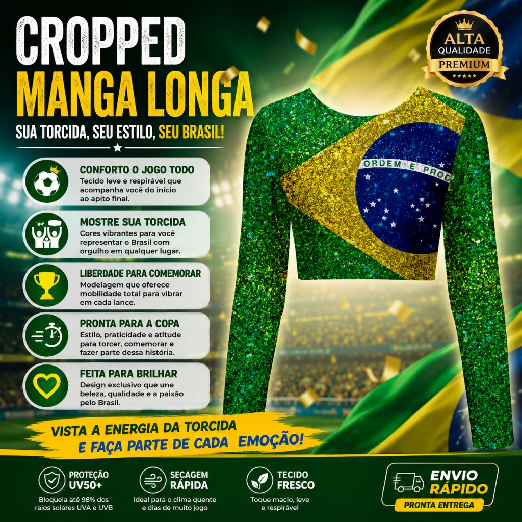 Cropped Manga Longa Brasil Core Bandeira Do Brasil Look Copa do Mundo Outono Inverno
