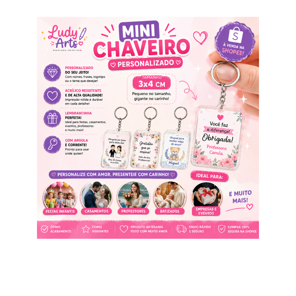 Chaveiro Acrílico Personalizado com Foto Frente e Verso 3x4 Lembrancinha Festa Casamento Aniversário