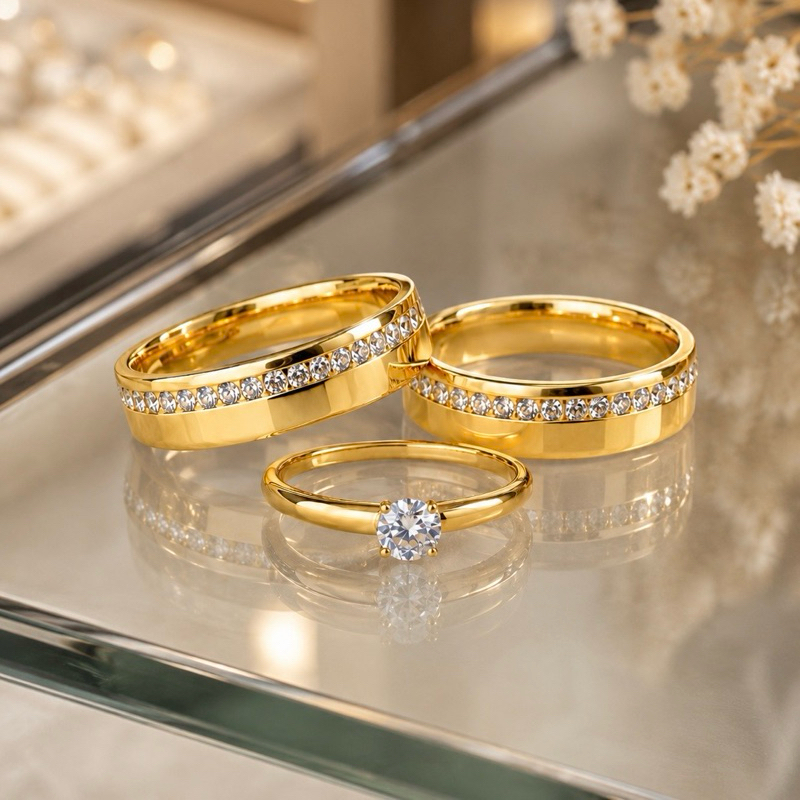 Par de alianças de casamento 4mm cravejada moeda antiga + anel solitário 100% em moeda cor de ouro 18k