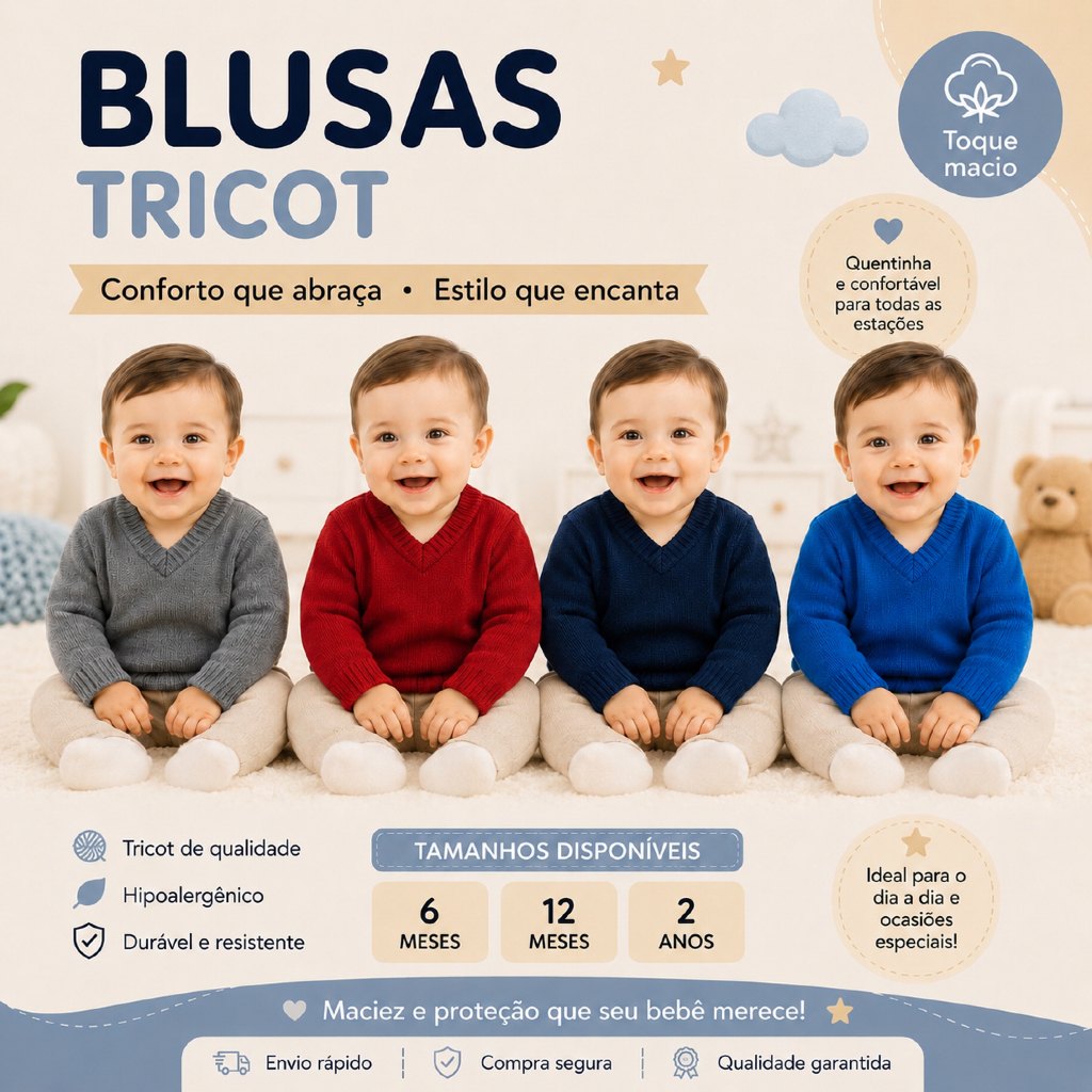 Blusa de lã infantil bebê menino gola V suéter tricô inverno de 3 a 6 meses 6 a 12 meses e 1 ano
