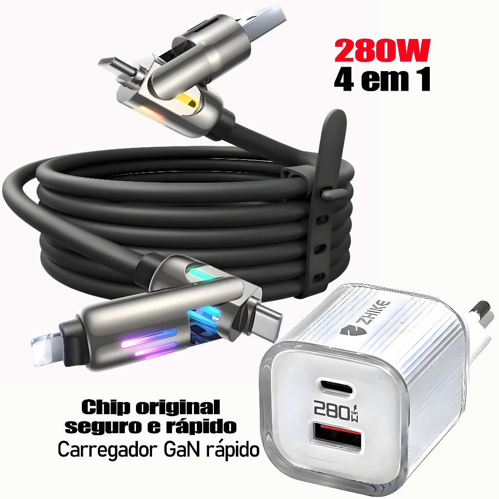 Carregador 240W + Cabo USB‑C 4 em 1 | Carga Ultra Rápida, Silicone Duradíssimo, Seguro e Alta Qualidade | Cabo 1M/2M