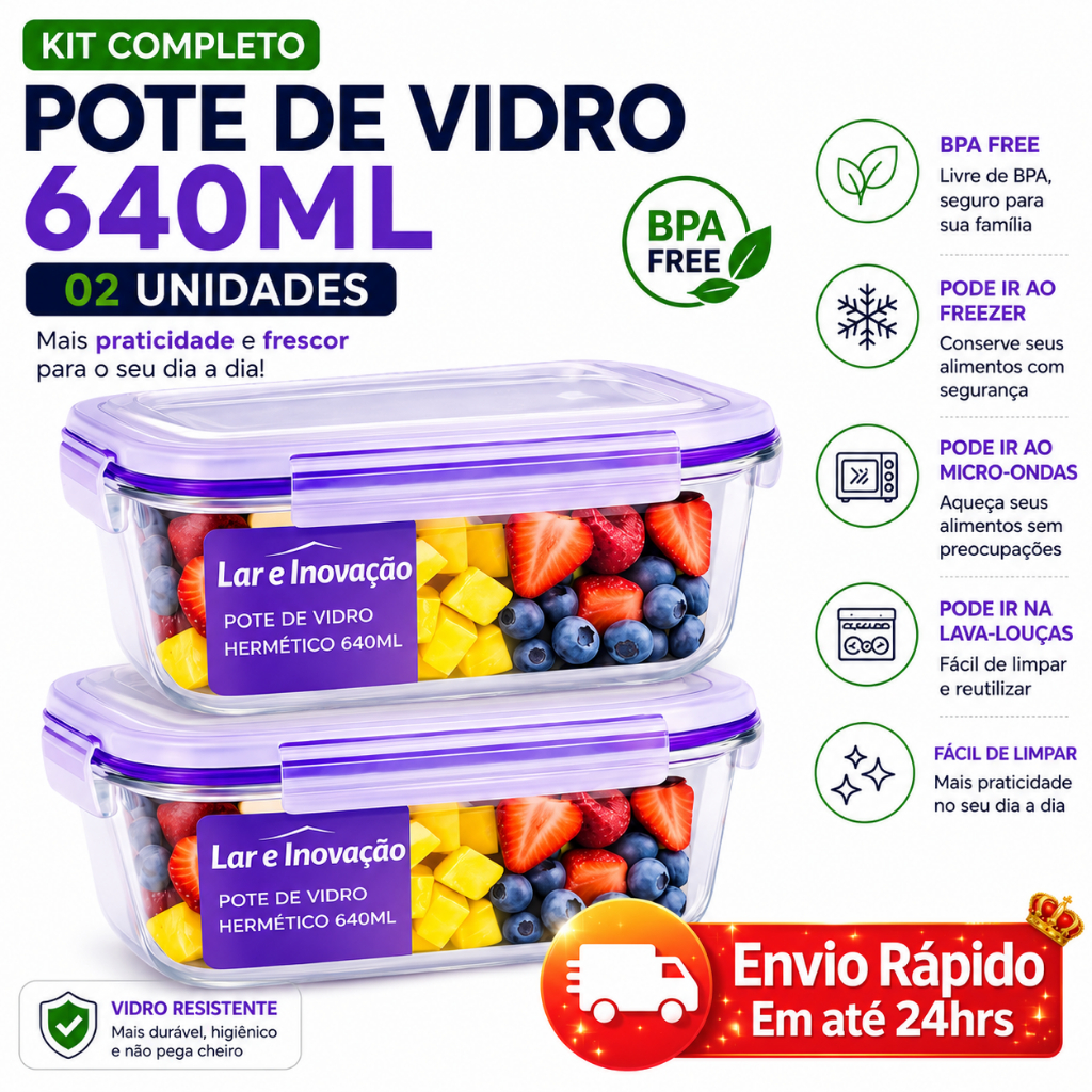 2 Pote de Vidro Com Tampa Herméticas 640ML Freezer Microondas Forno Marmita