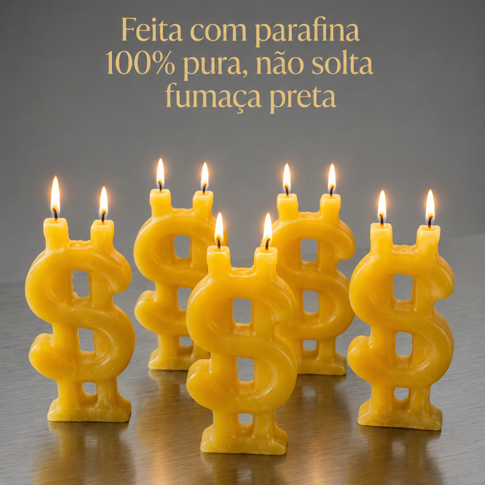 Kit 5 Velas Magia Cifrão Chama Dinheiro Prosperidade Abundância Ritual Atração Financeira
