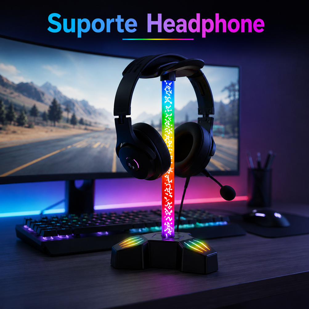 Suporte Headset Fone Gamer LED RGB Organizador de Mesa USB Plug and Play LE-199