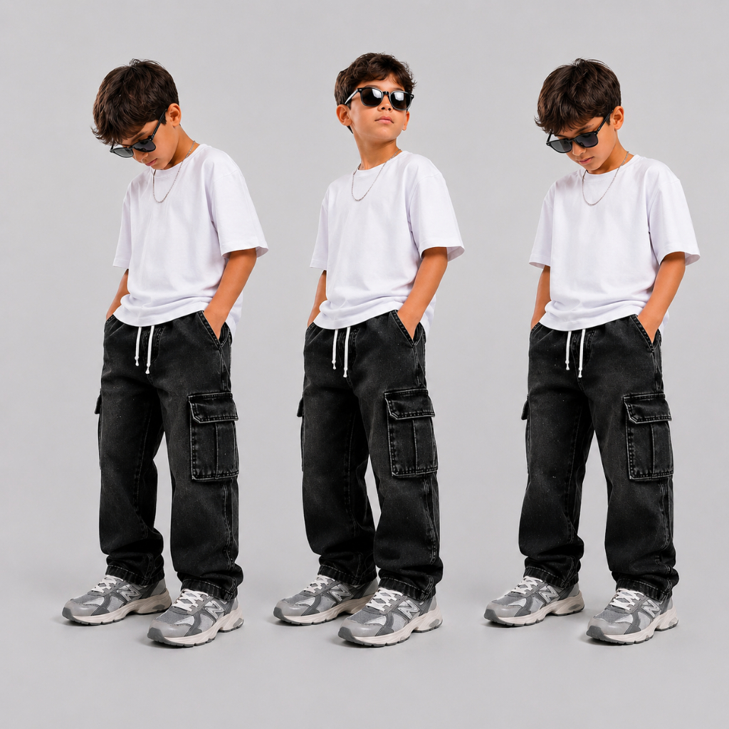 Calça Cargo Street Infantil Skatista Juvenil Jeans Preta Marmorizada Unissex Opl Kids