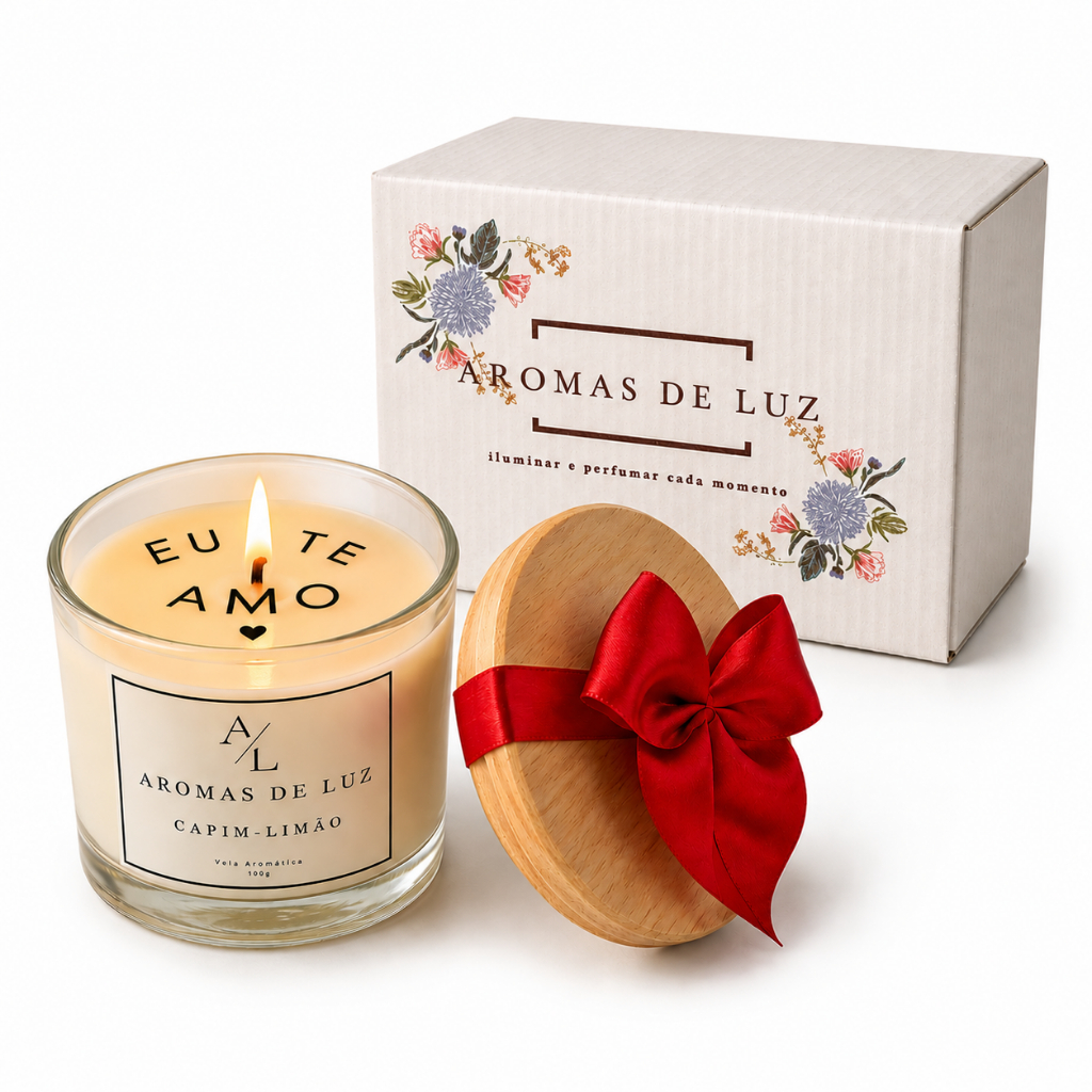 Vela Aromática Presente Eu Te Amo 100g Com Tampa De Madeira Cera de Coco 100% Vegana Dia Dos Namorados