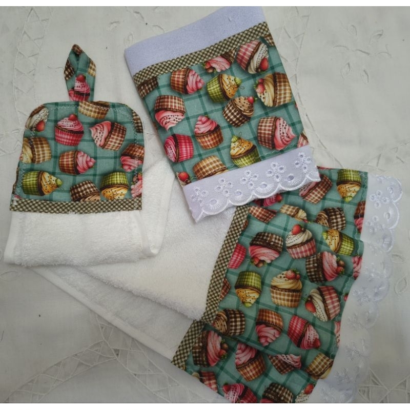 kit bate mão e pano de prato cupcake