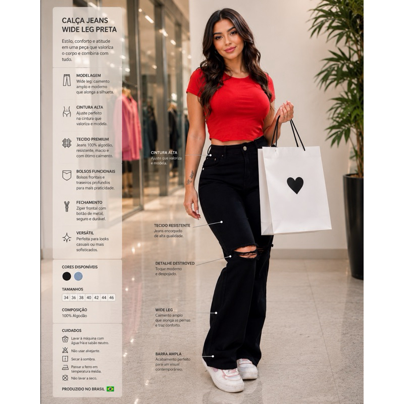 Calça Jeans Feminina Cor Preta Modelo Wide Leg Estilo Rasgada Joelho Cor Preta