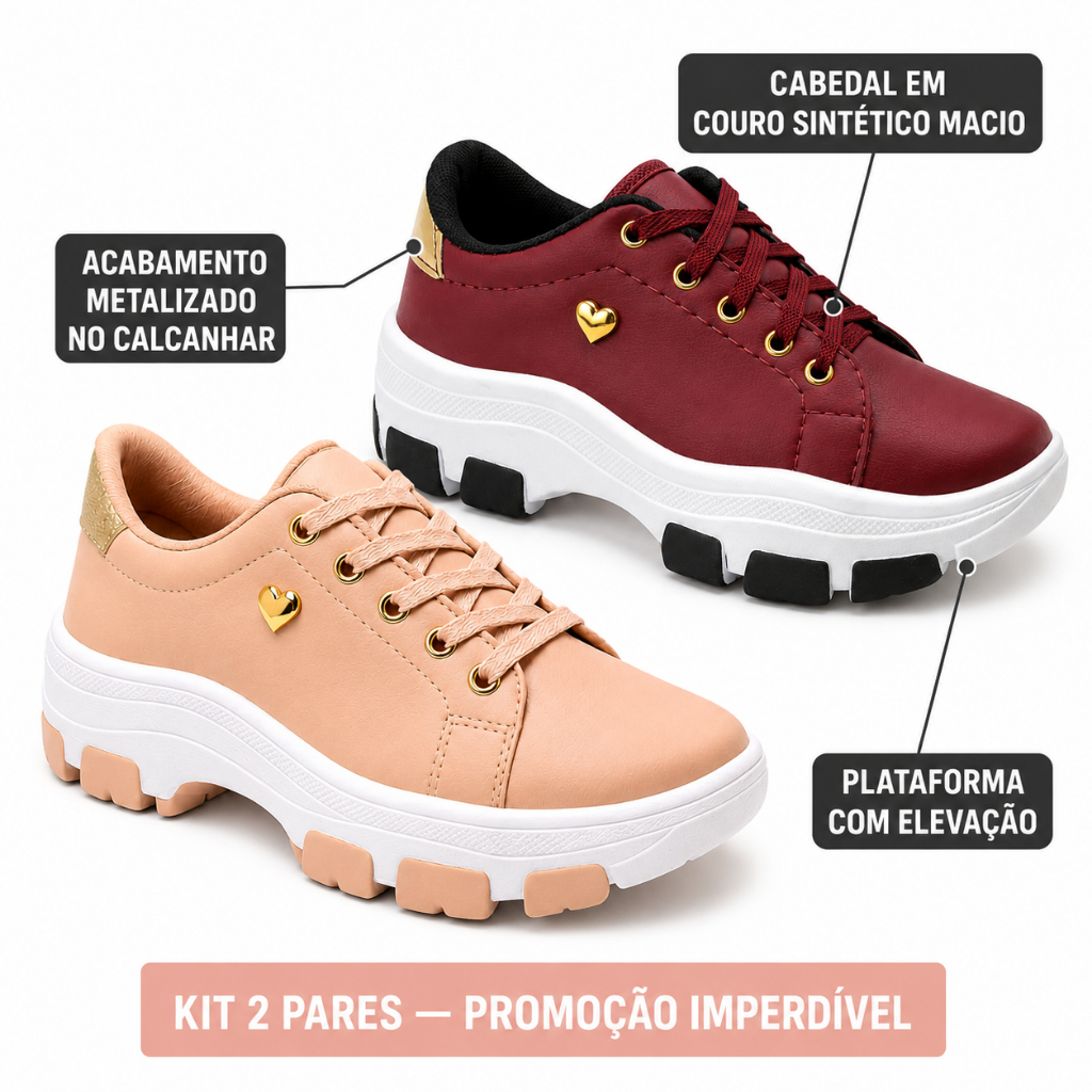 Tênis Feminino Rosa Barato Lançamento Plataforma Lindo Trabalho Combo Kit 2
