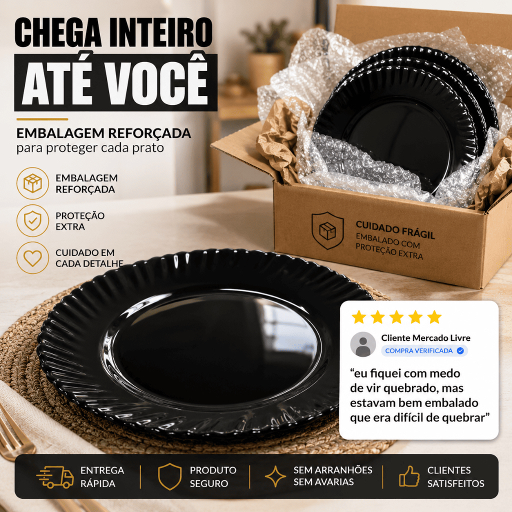 Detalhes do Kit Jogo 04/06/12 Pratos De Vidro Opaline Raso Liso Preto Canelado 24 cm Resistente