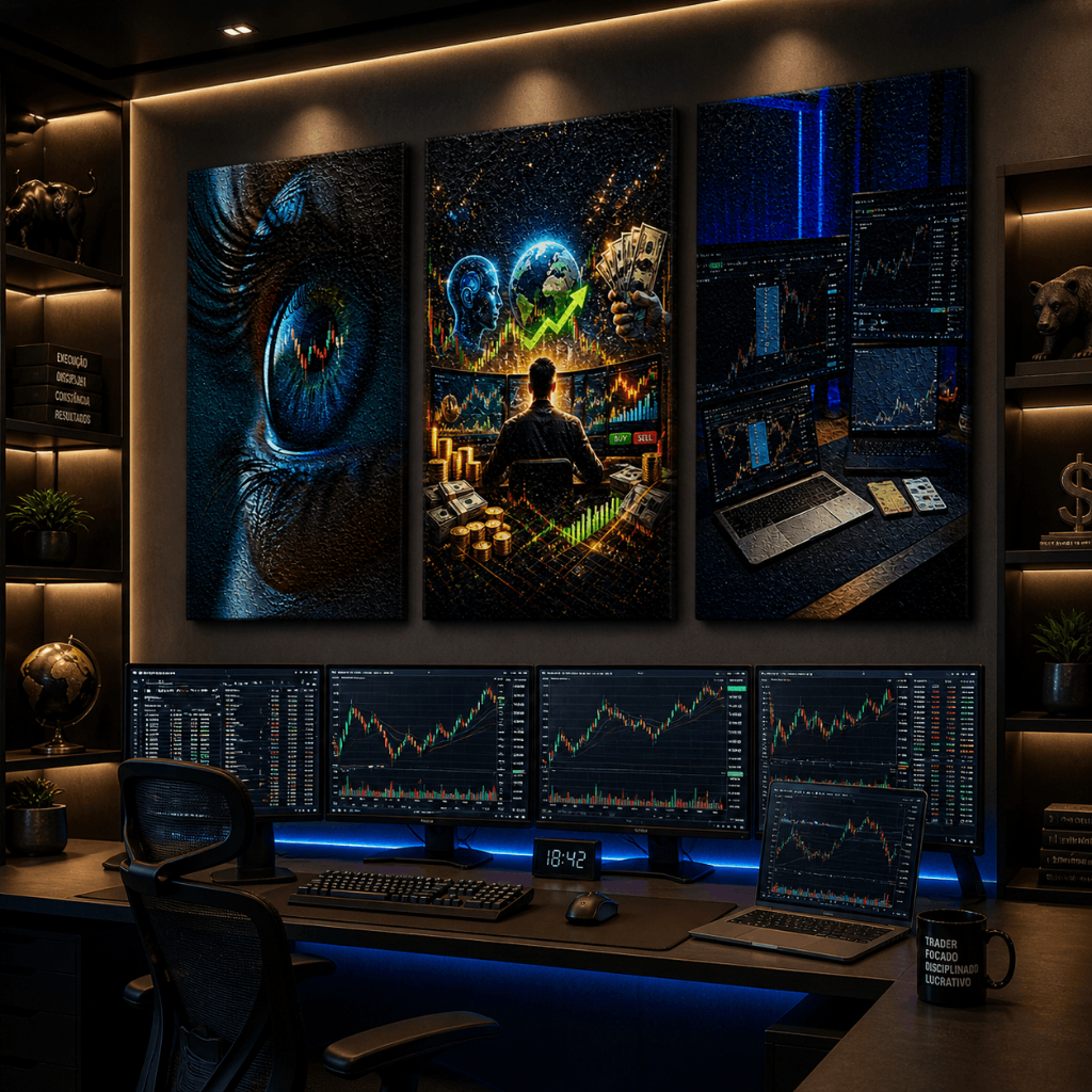 Kit 3 Quadros Decorativos Trader Mercado Financeiro Investimentos Home Office Escritório