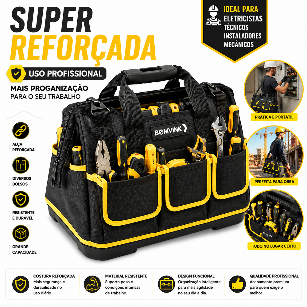 Bolsa de Ferramentas Reforçada Profissional com Alça para Eletricista Organização Ferramentas
