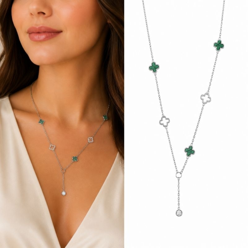 Colar Feminino 45cm em Aço Inoxidável 316L com Pingentes de Trevo Verde Delicado e Elegante