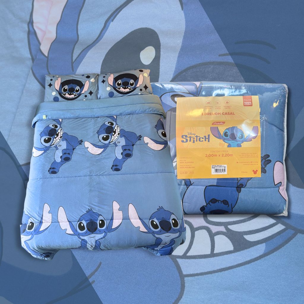 Edredom Colcha Casal Stitch 2,00 x 2,20m Disney Dupla Face Azul Personagens Macio Quentinho Infantil Adulto Original